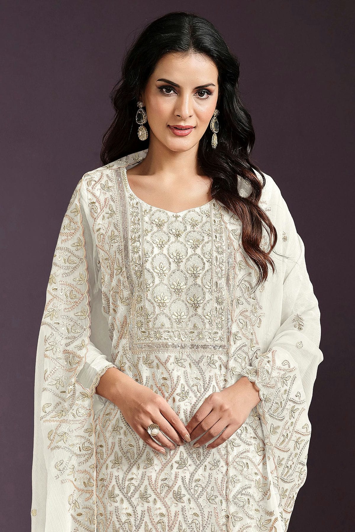 Cream Colour Semi Stitched Chinon Straight Suit VSSM1112776