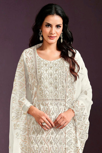 Cream Colour Semi Stitched Chinon Straight Suit VSSM1112776