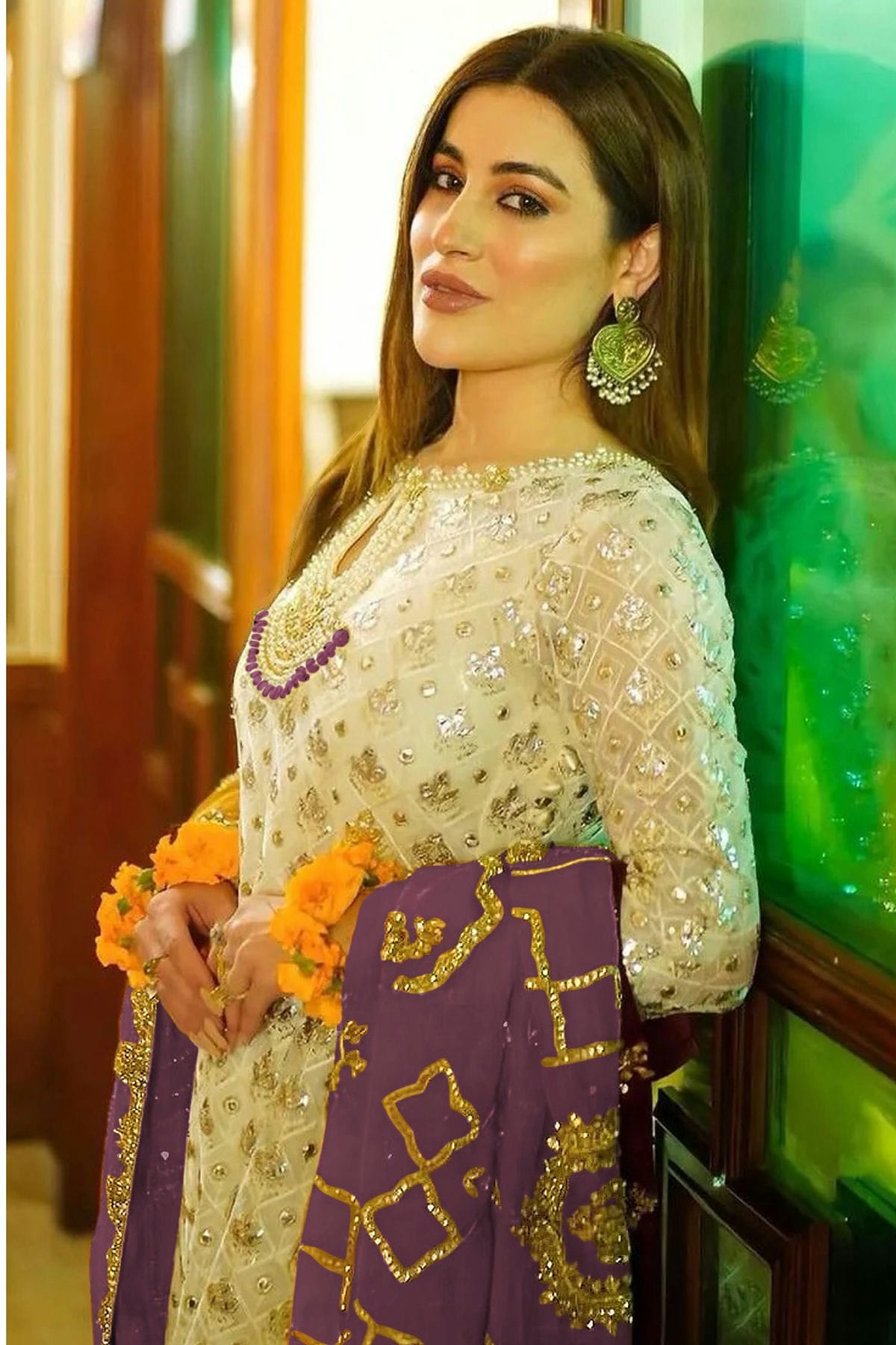 Cream Colour Semi Stitched Faux Georgette Pakistani Suit