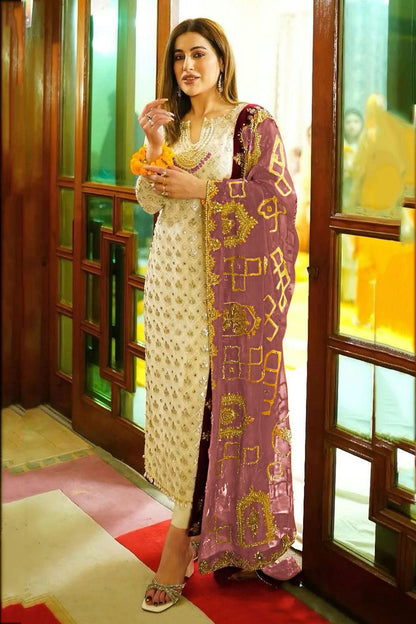 Cream Colour Semi Stitched Faux Georgette Pakistani Suit