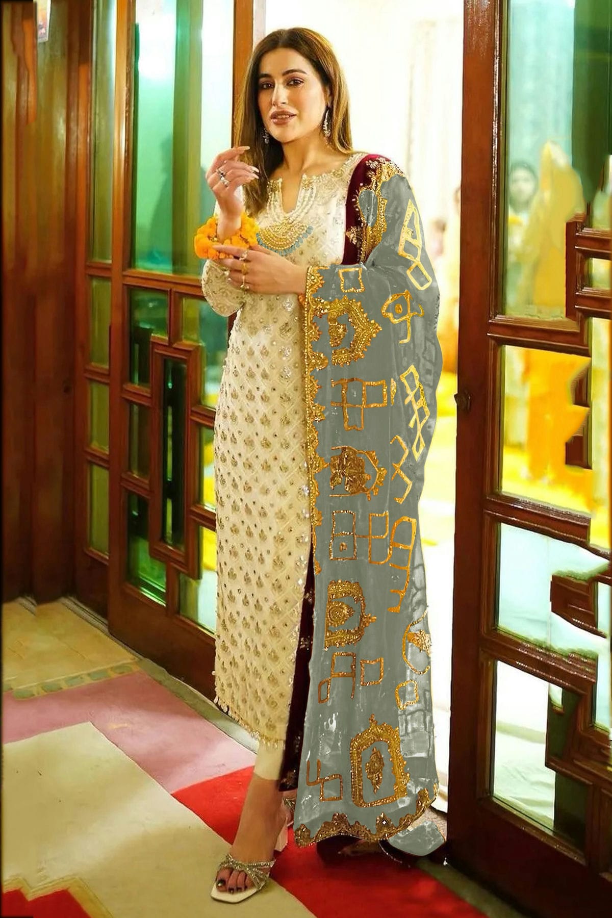 Cream Colour Semi Stitched Faux Georgette Pakistani Suit