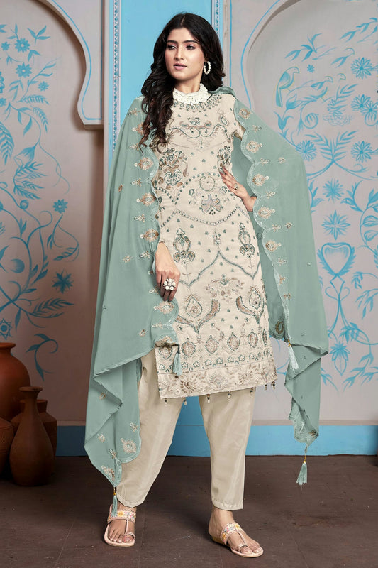 Cream Colour Semi Stitched Faux Georgette Pakistani Suit