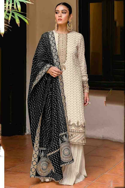 Cream Colour Semi Stitched Faux Georgette Palazzo Pant Suit VSSM1140678