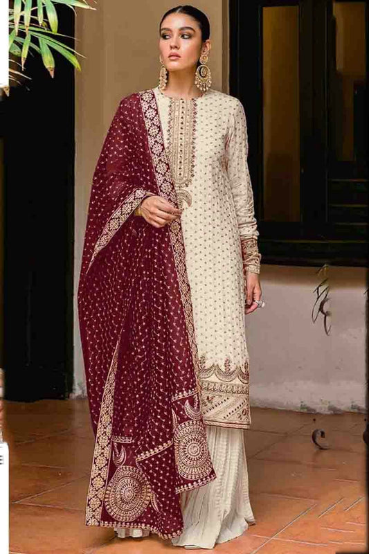 Cream Colour Semi Stitched Faux Georgette Palazzo Pant Suit VSSM1140679