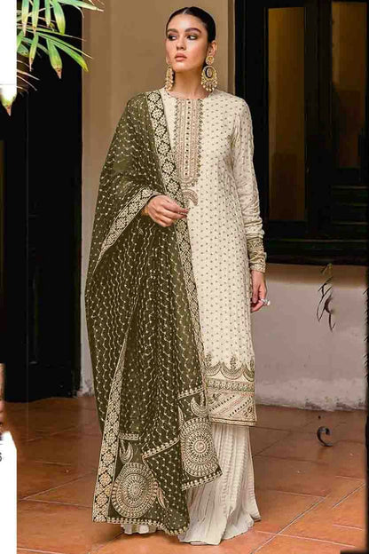 Cream Colour Semi Stitched Faux Georgette Palazzo Pant Suit VSSM1140681