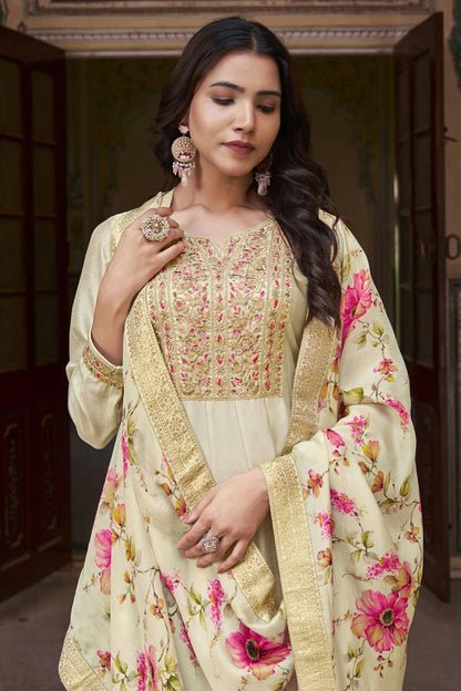 Cream Colour Semi Stitched Silk Anarkali Suit