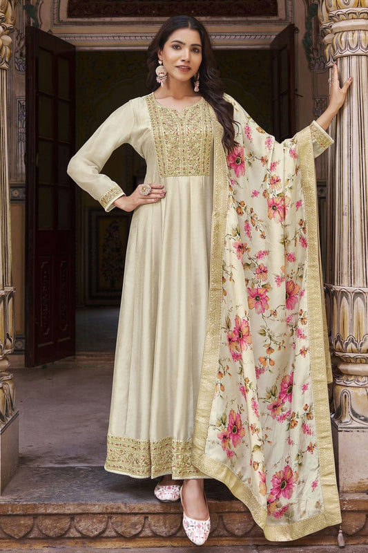 Cream Colour Semi Stitched Silk Anarkali Suit