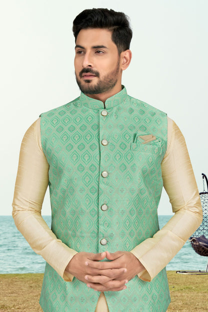 Cream Colour Silk Dhupion Jacket Kurta Pajama