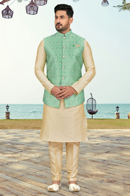 Cream Colour Silk Dhupion Jacket Kurta Pajama