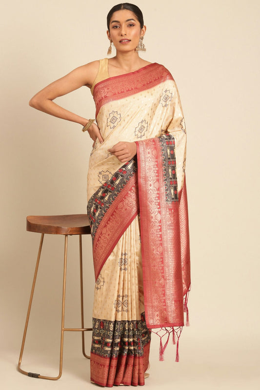 Cream Colour Silk Traditional Saree