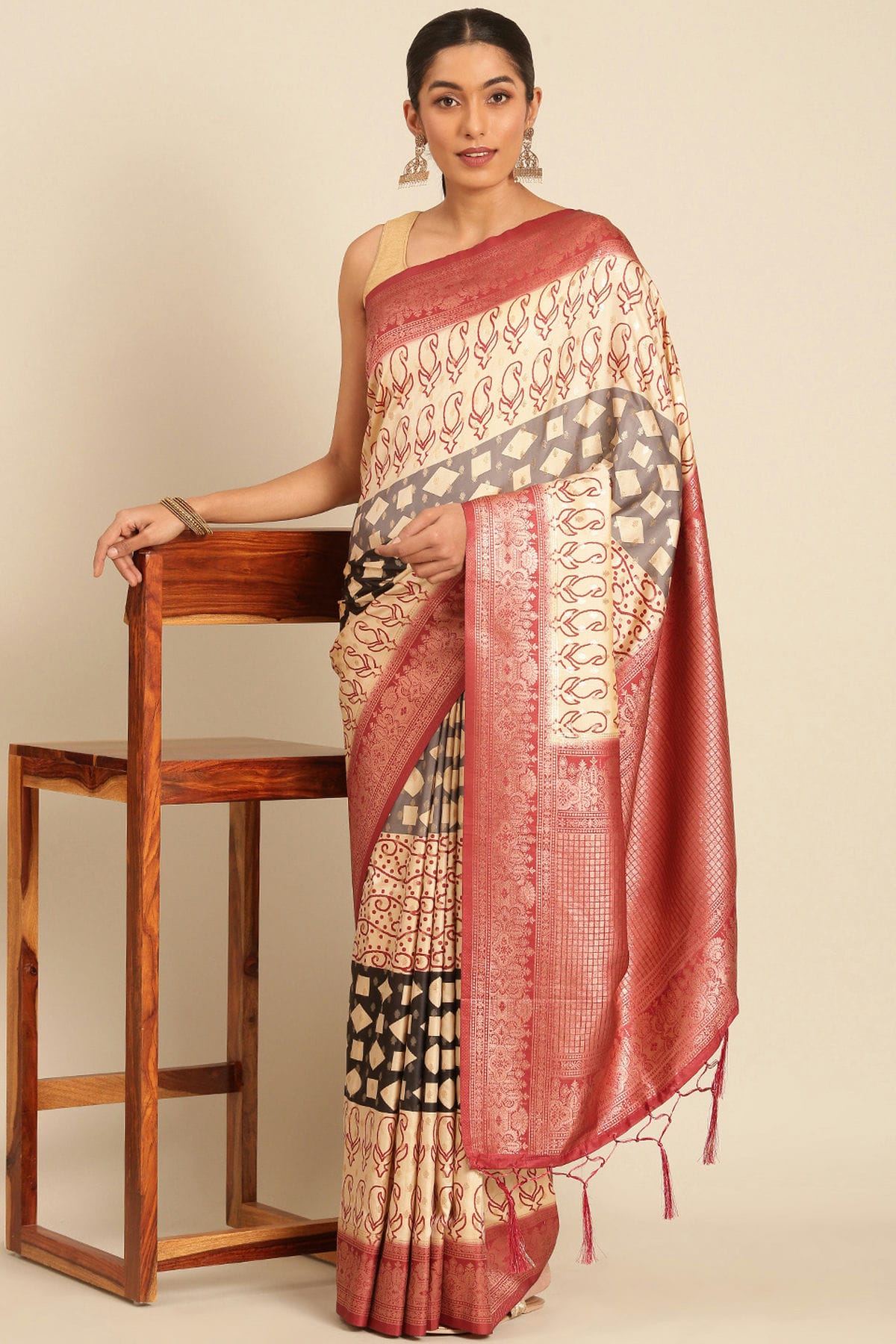 Cream Colour Silk Traditional Saree