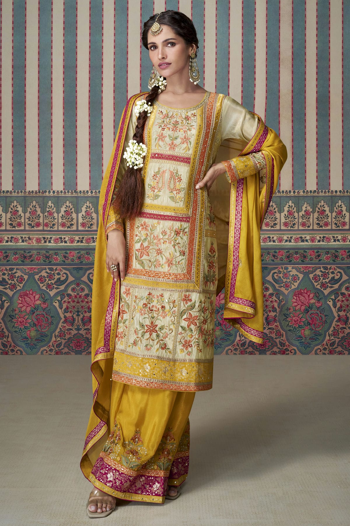 Cream Colour Simar Silk Palazzo Pant Suit