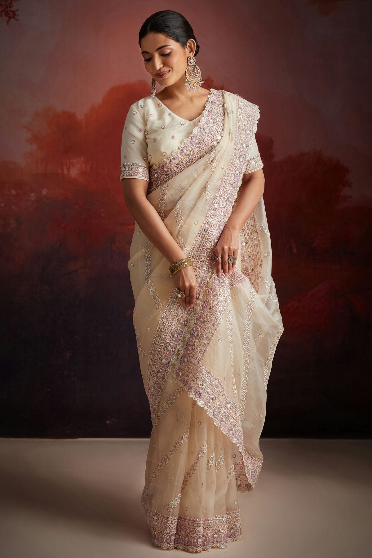 Cream Colour Soft Net Designer Saree VSSD1080888