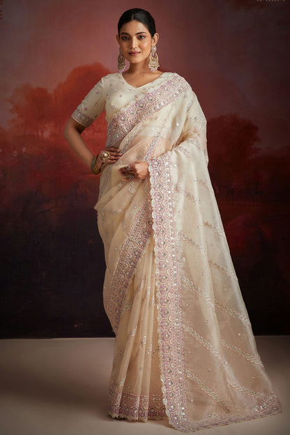 Cream Colour Soft Net Designer Saree