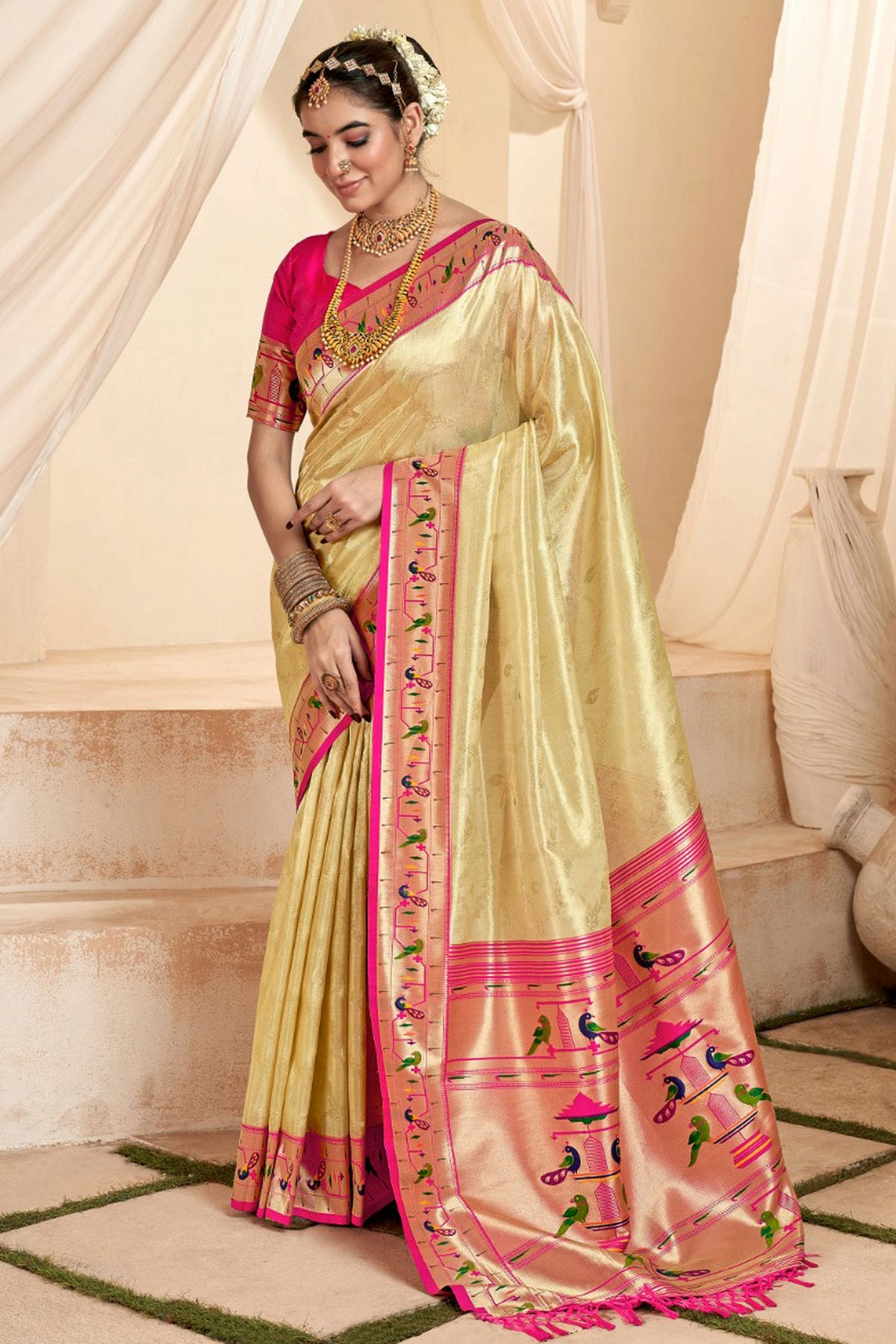 Cream Colour Soft Tissue Silk Saree