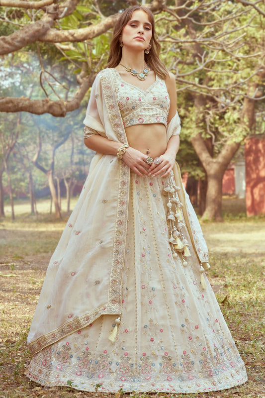 Cream Colour Tissue Embroidery Lehenga Choli