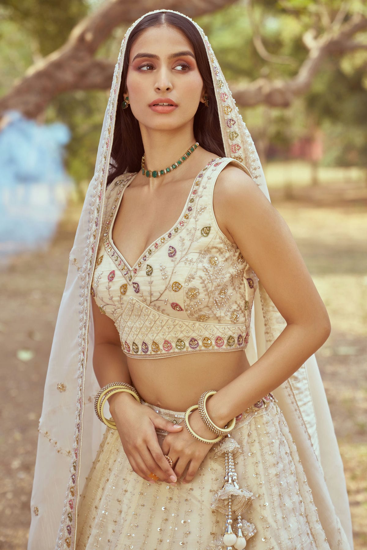 Cream Colour Tissue Embroidery Lehenga Choli VSLC1111386