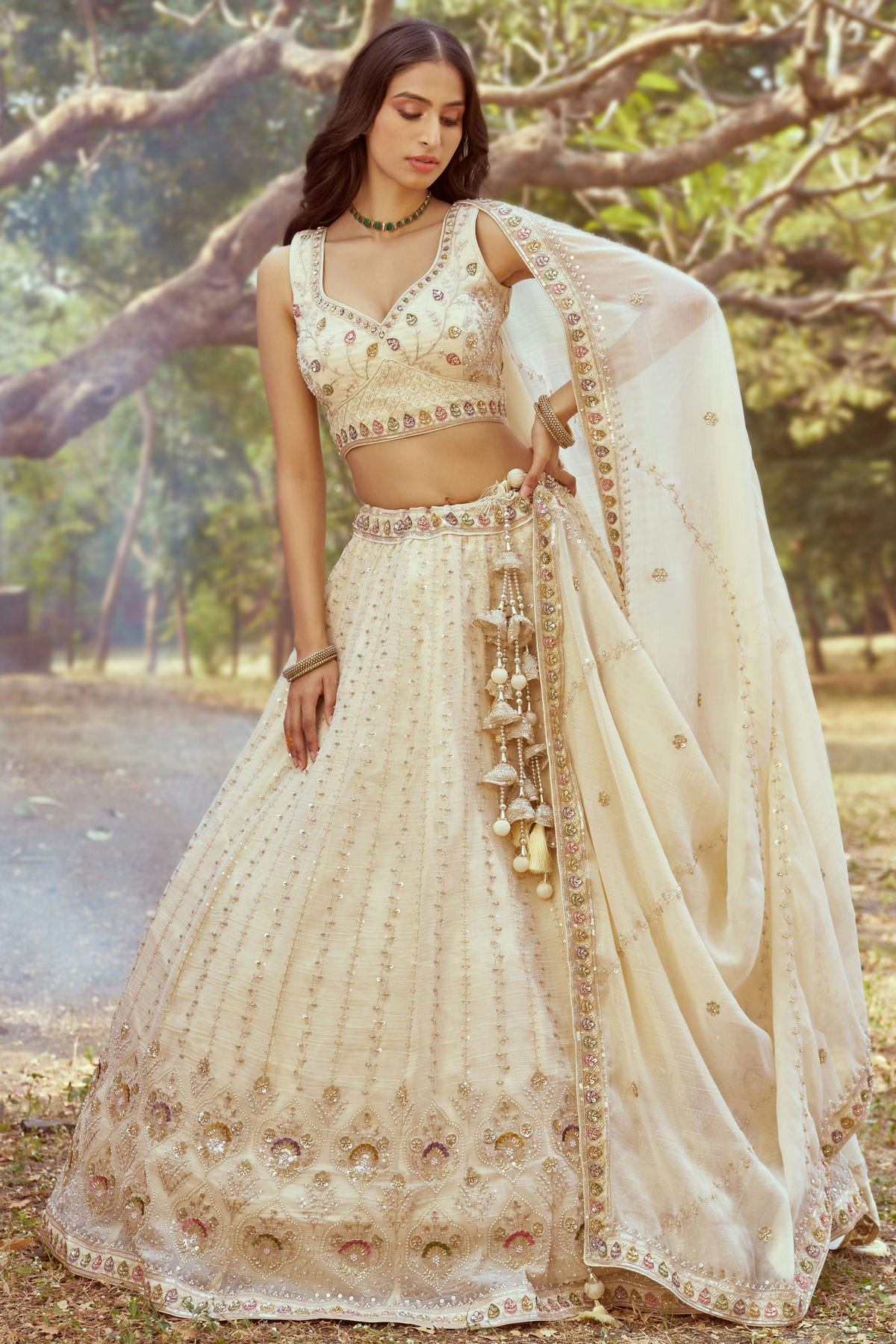 Cream Colour Tissue Embroidery Lehenga Choli