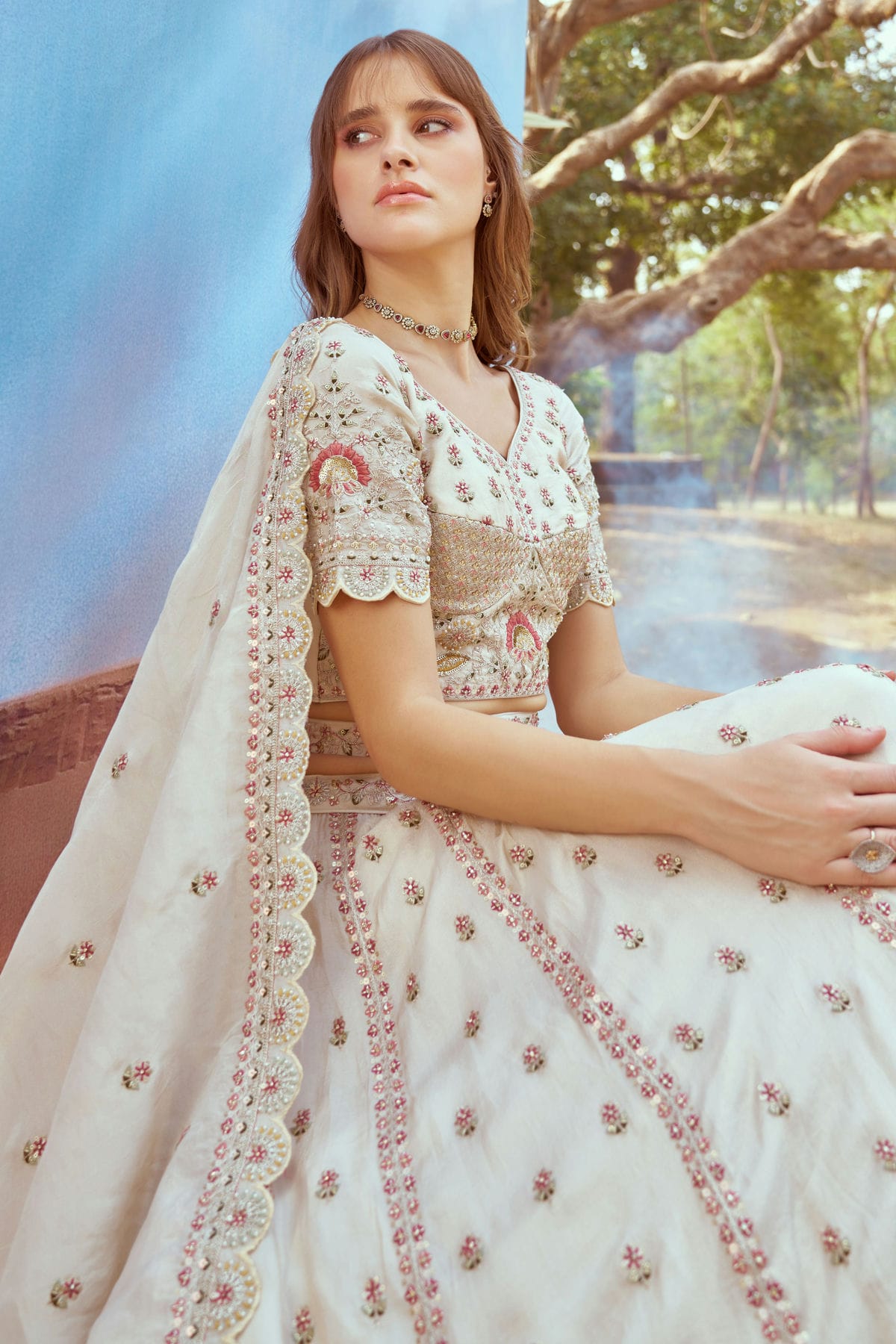 Cream Colour Tissue Embroidery Lehenga Choli VSLC1111387