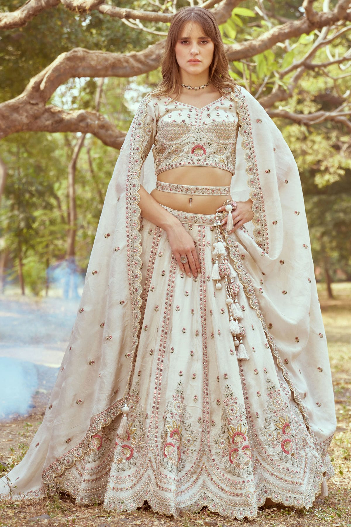 Cream Colour Tissue Embroidery Lehenga Choli