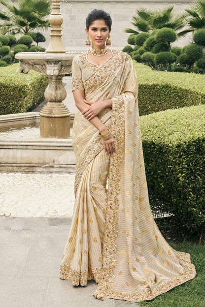 Cream Colour Tissue Silk Designer Saree