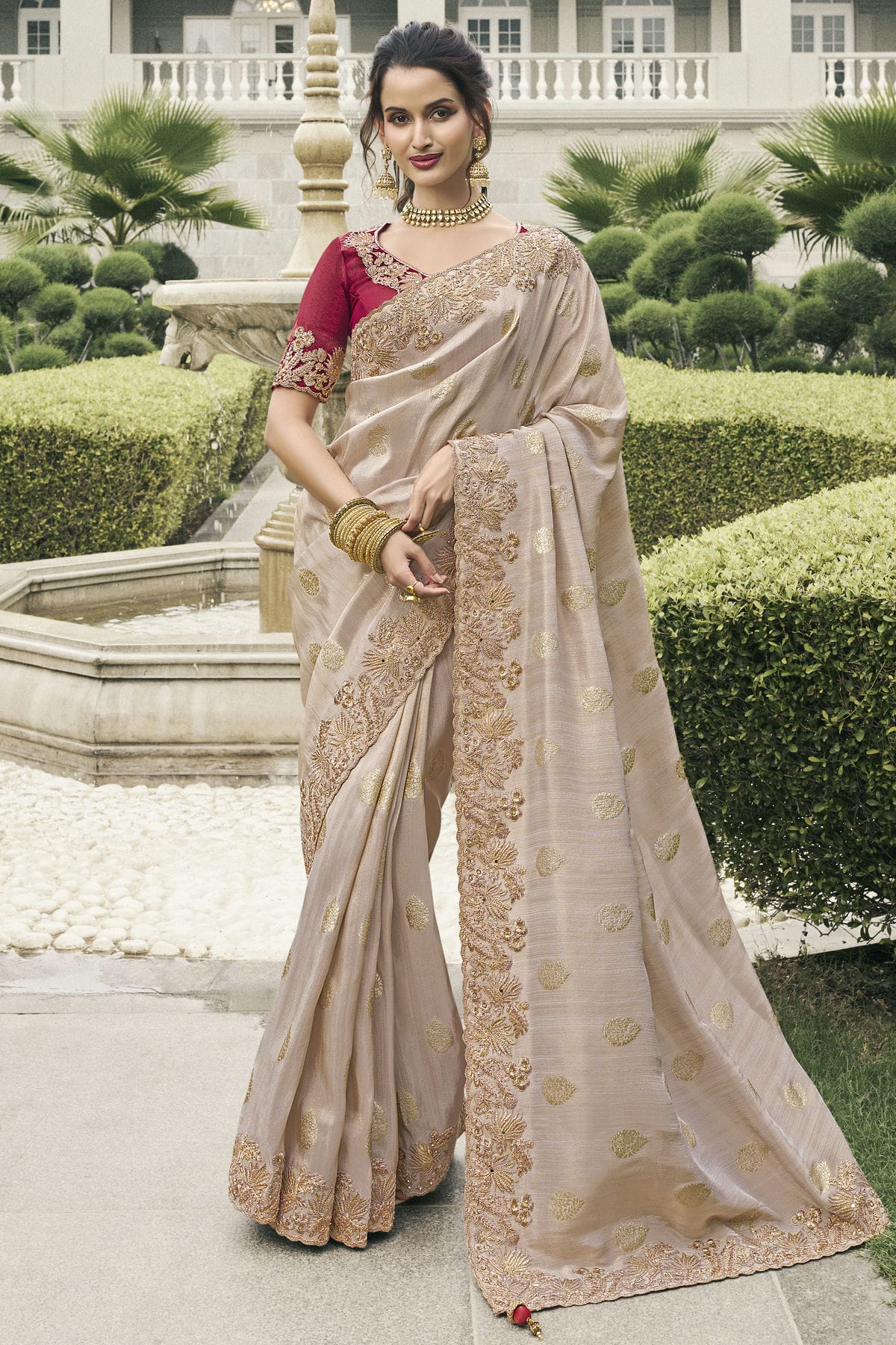 Cream Colour Tissue Silk Designer Saree