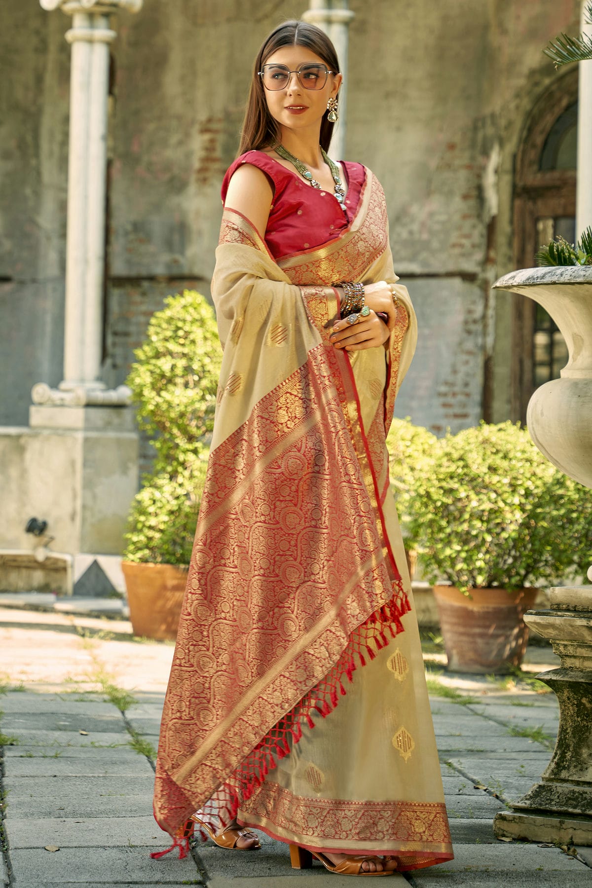 Cream Colour Tissue Silk Saree