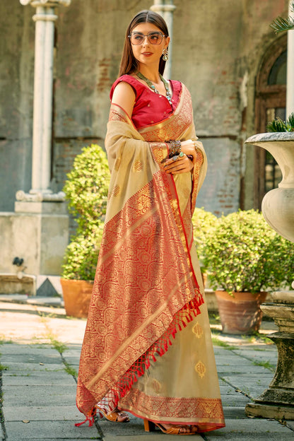 Cream Colour Tissue Silk Saree