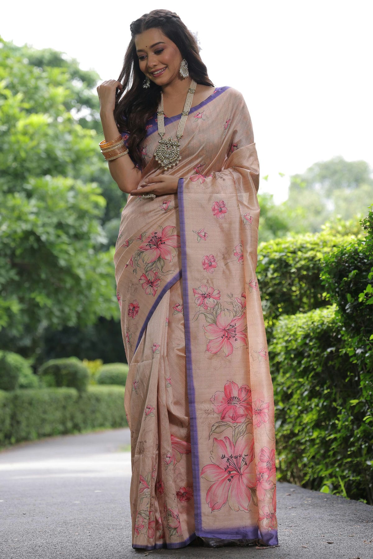 Cream Colour Tussar Silk Digital Printed Saree