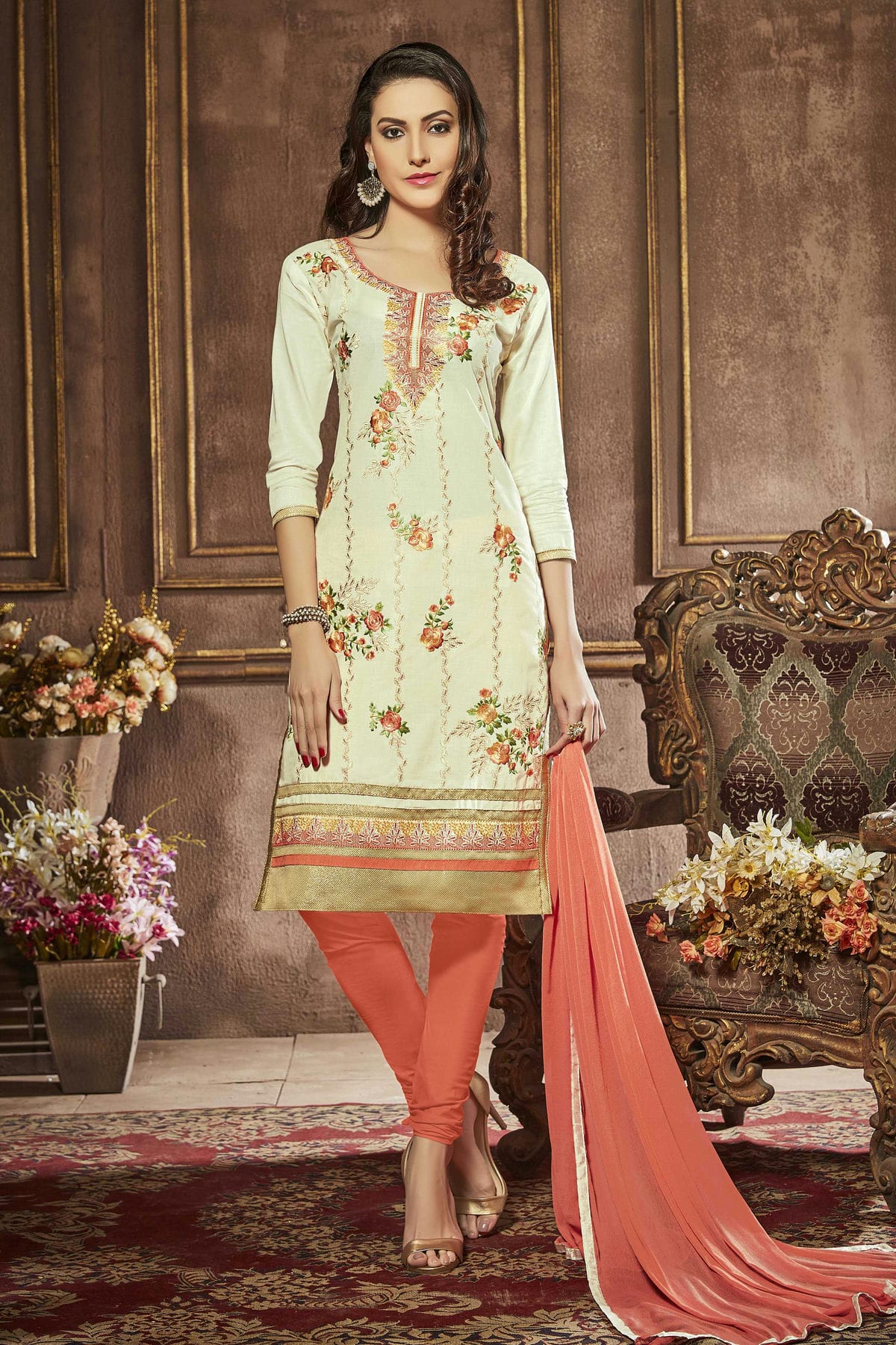 Cream Colour Unstitched Glaze Cotton Churidar Suit