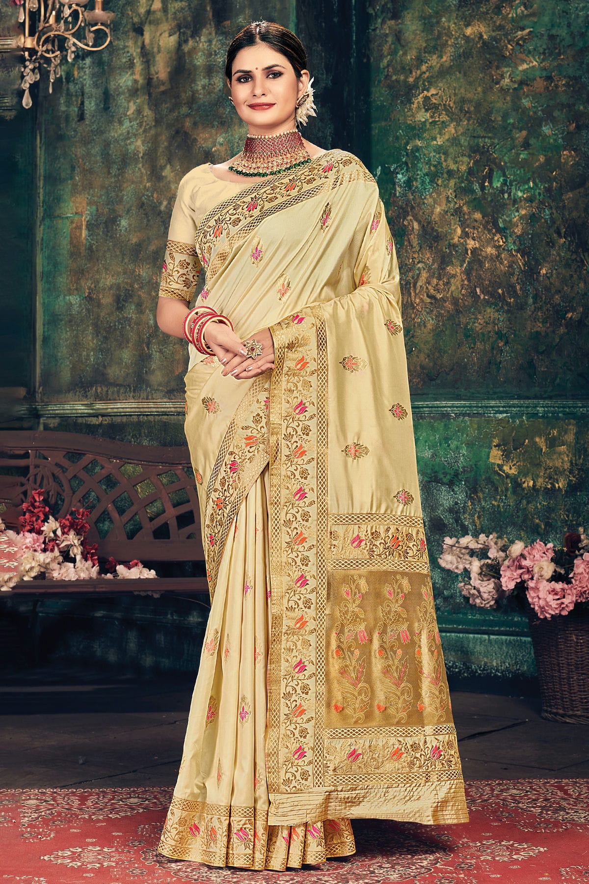 Cream Colour Woven Work Banarasi Silk Saree