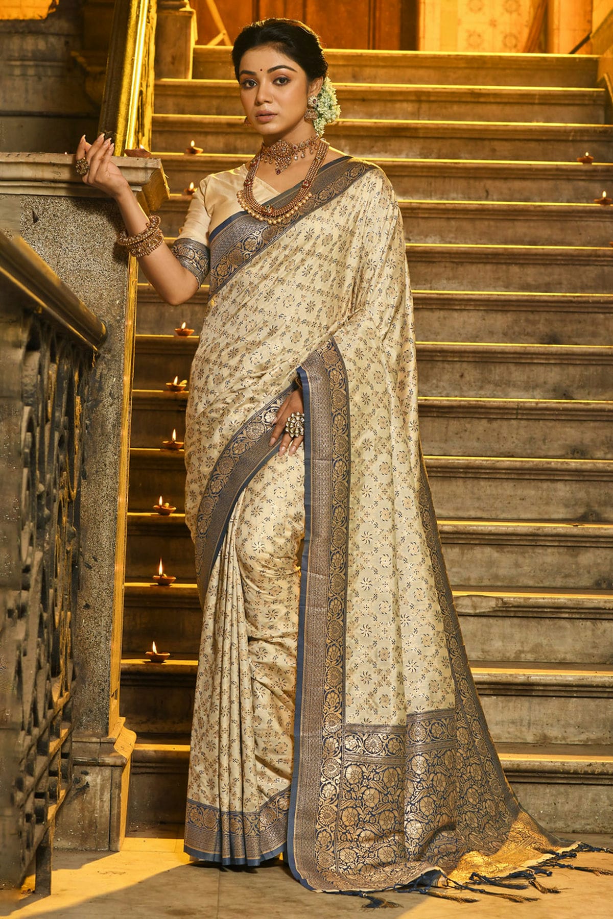 Cream Colour Woven Work Banarasi Silk Saree