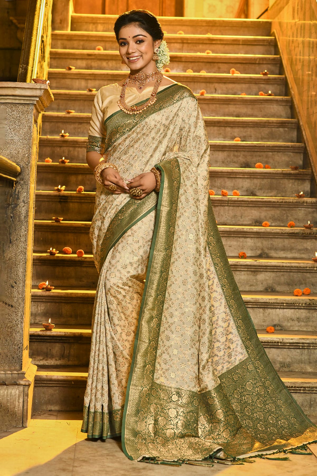 Cream Colour Woven Work Banarasi Silk Saree