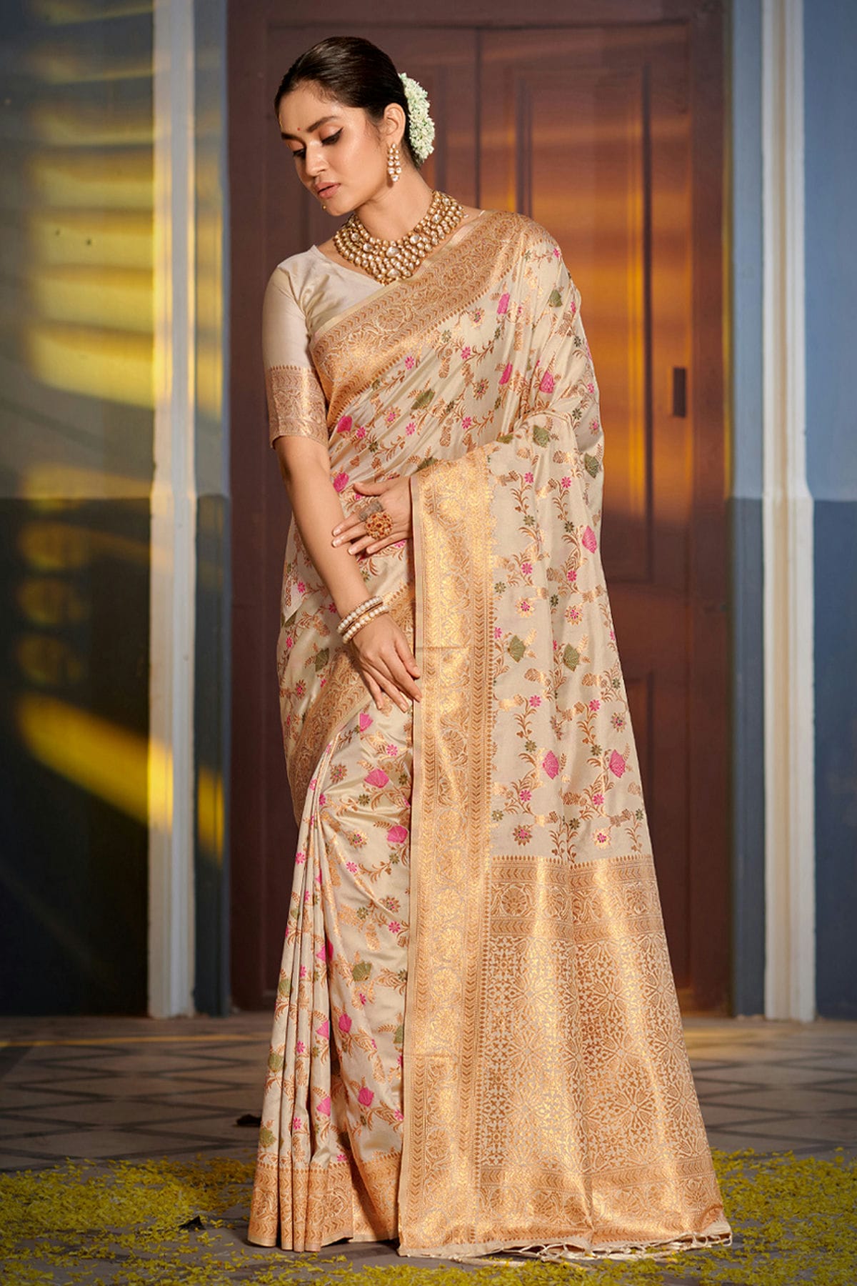 Cream Colour Woven Work Banarasi Silk Saree