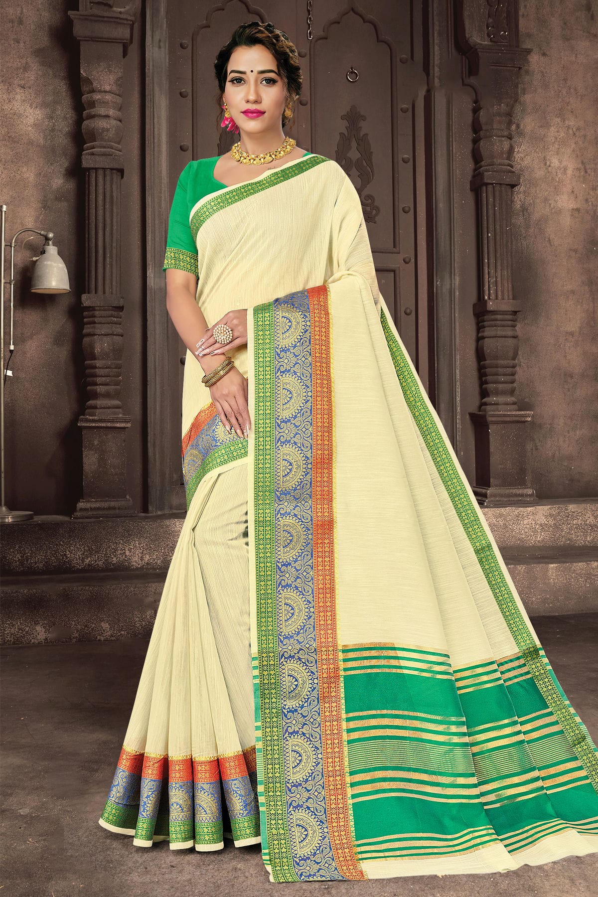 Cream Colour Woven Work Cotton Handloom Saree