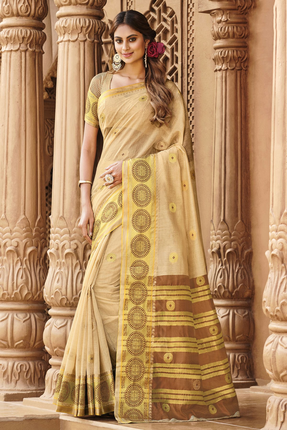 Cream Colour Woven Work Cotton Saree