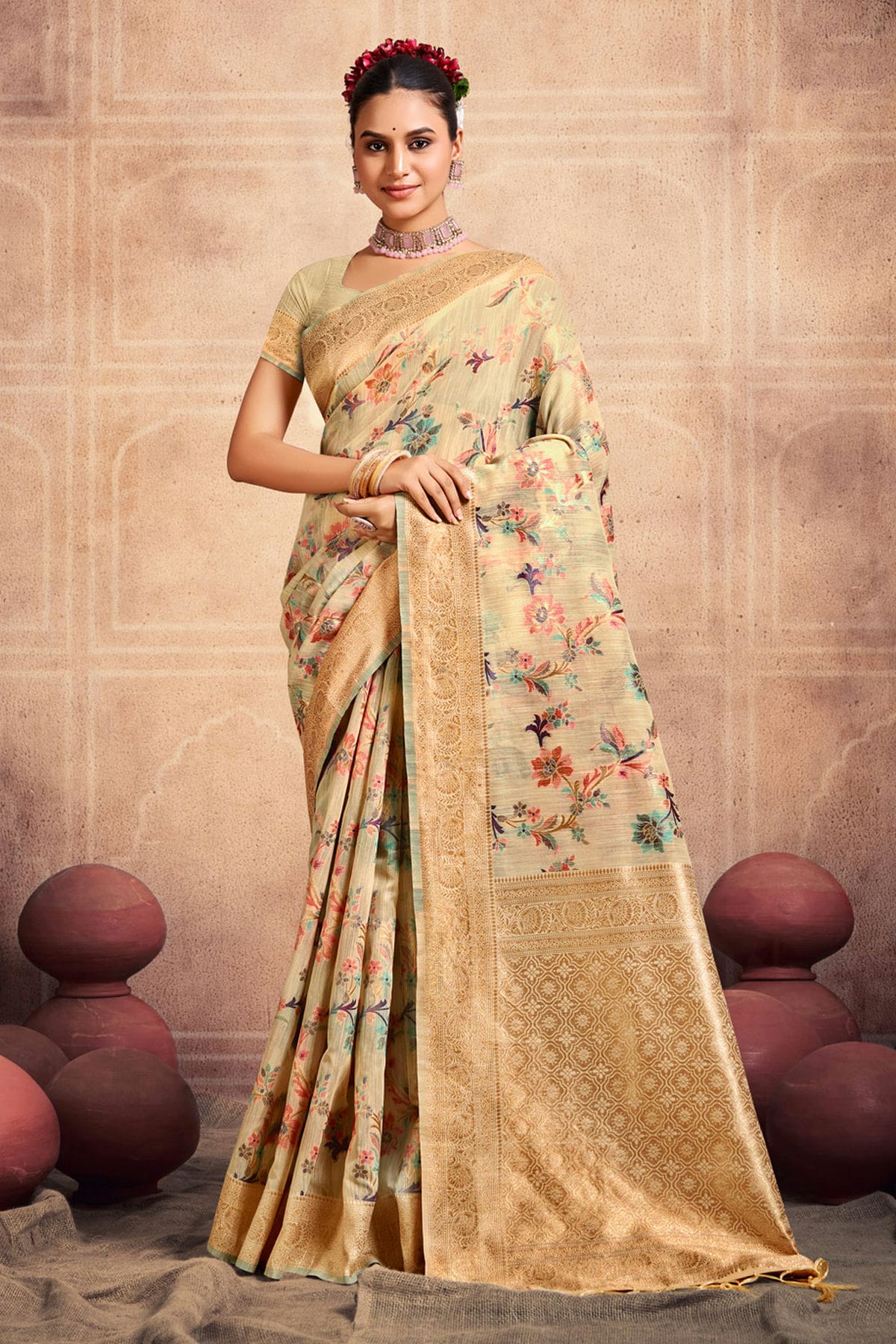 Cream Colour Woven Work Cotton Saree