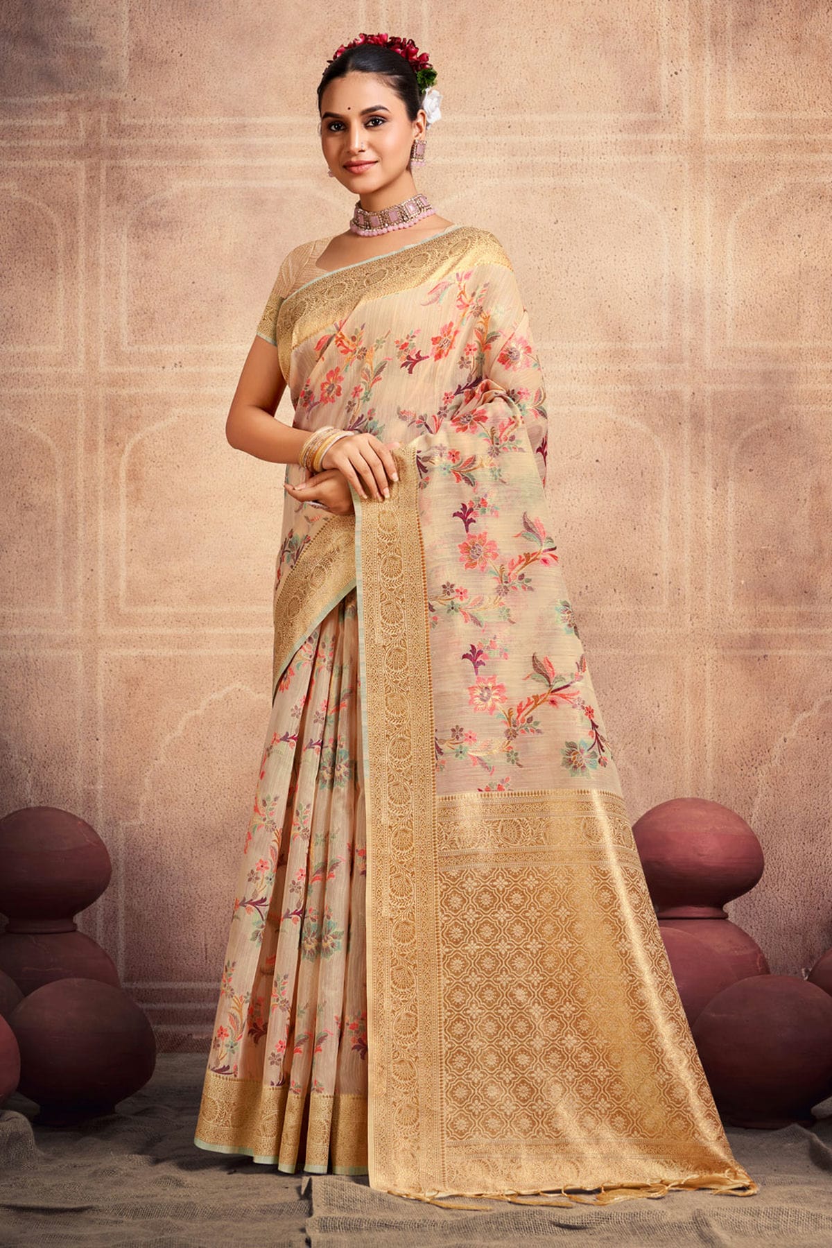 Cream Colour Woven Work Cotton Saree