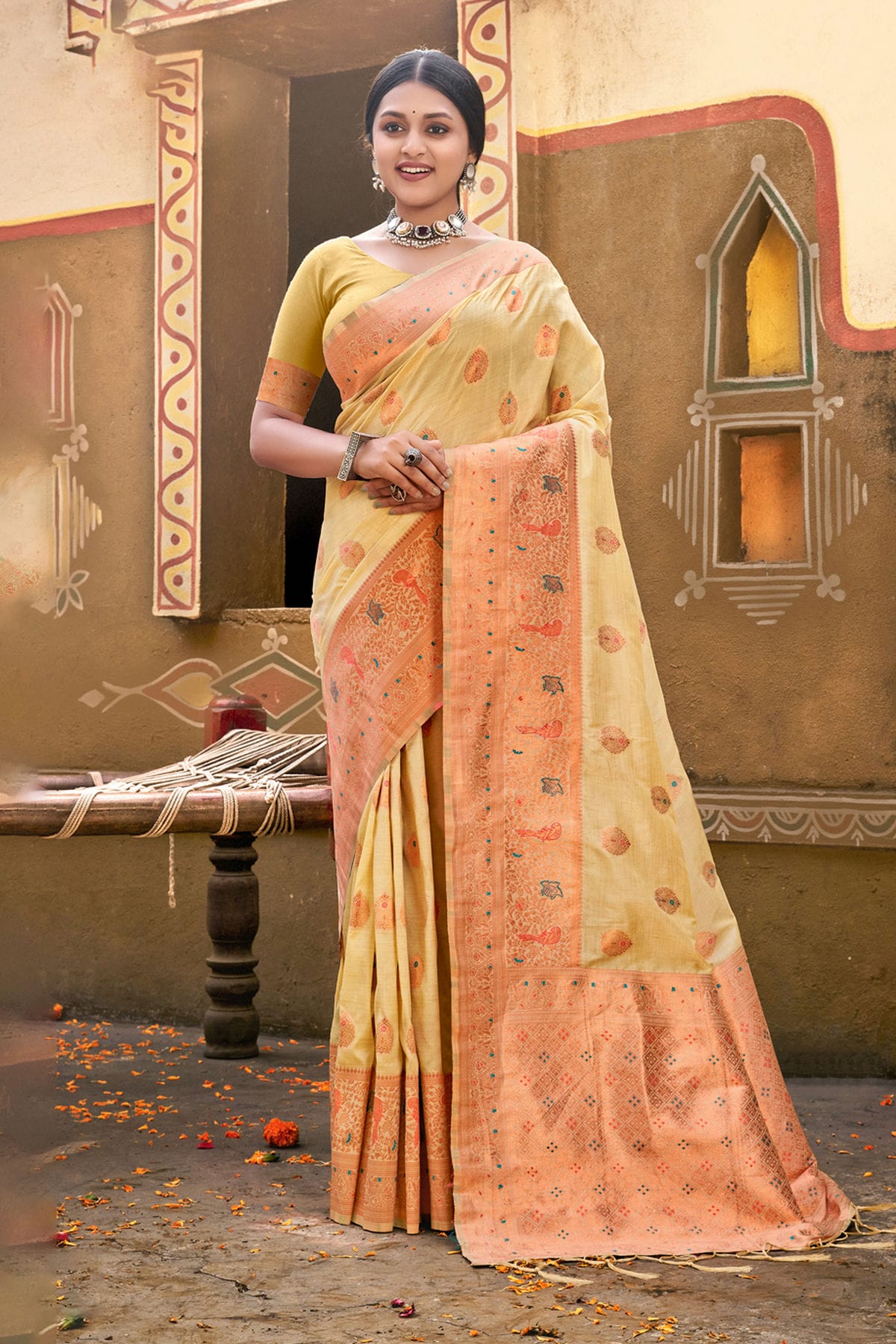 Cream Colour Woven Work Cotton Saree