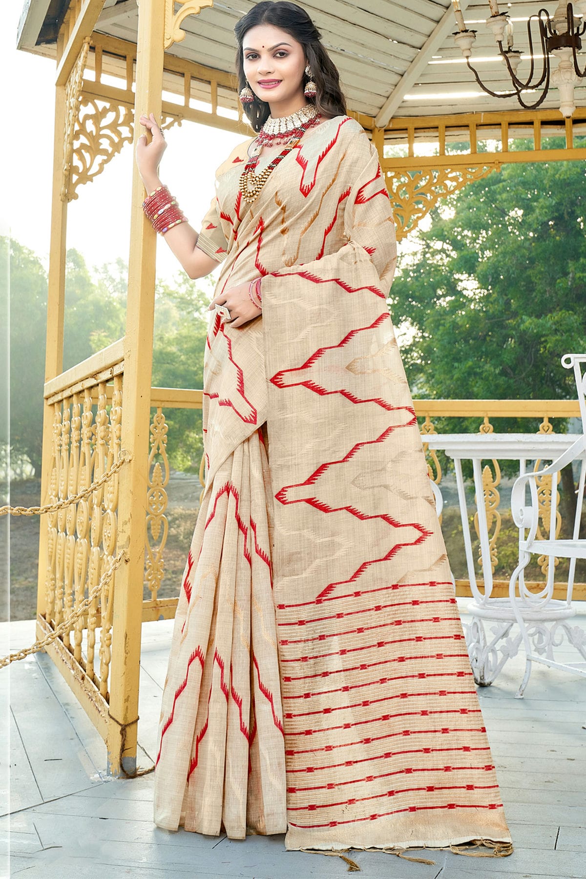 Cream Colour Woven Work Cotton Saree