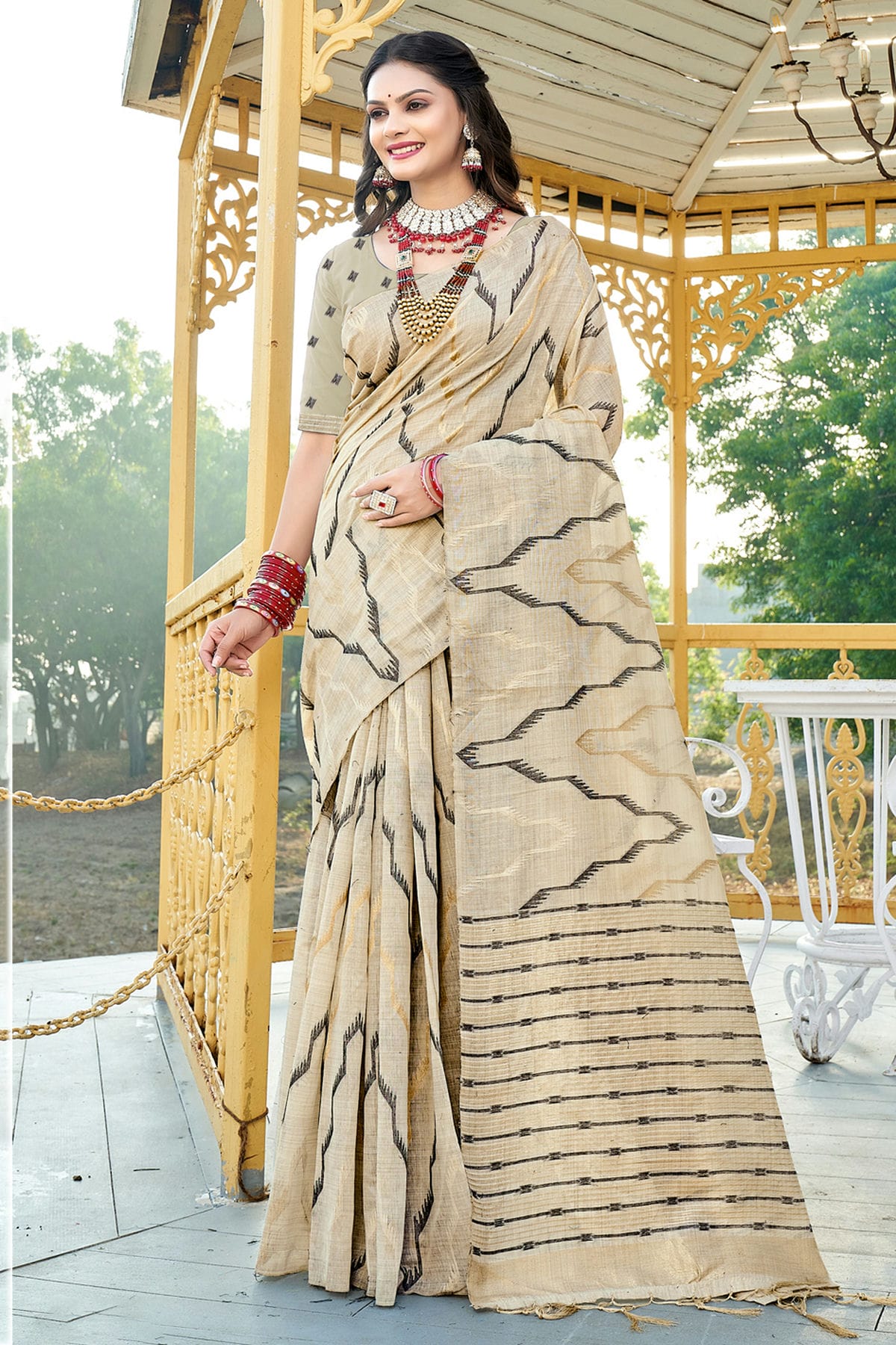 Cream Colour Woven Work Cotton Saree