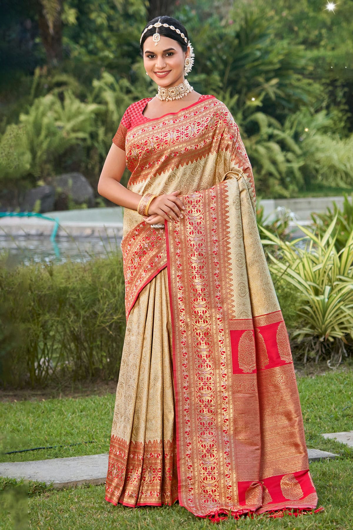 Cream Colour Woven Work Kanjivaram Silk Saree