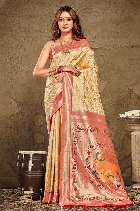 Cream Colour Woven Work Paithani Silk Saree