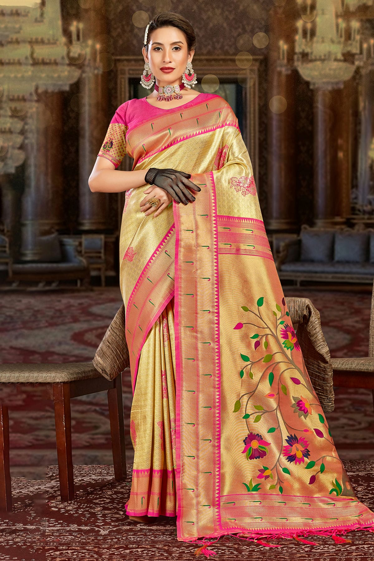 Cream Colour Woven Work Paithani Silk Saree