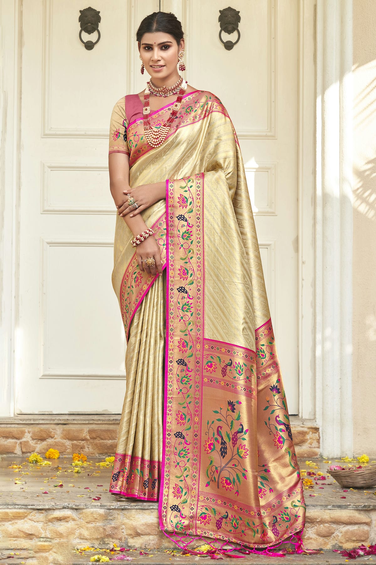 Cream Colour Woven Work Paithani Silk Saree