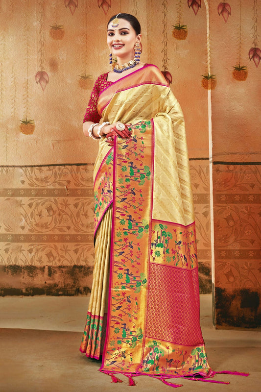 Cream Colour Woven Work Paithani Silk Saree