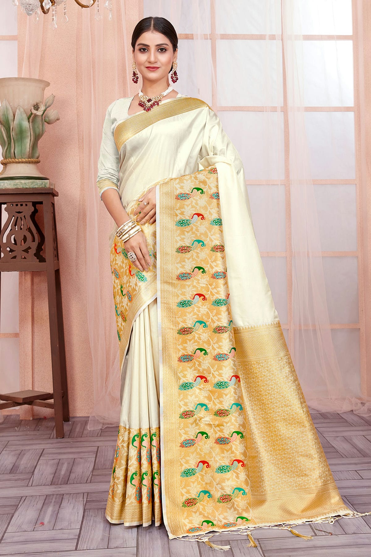 Cream Colour Woven Work Paithani Silk Saree