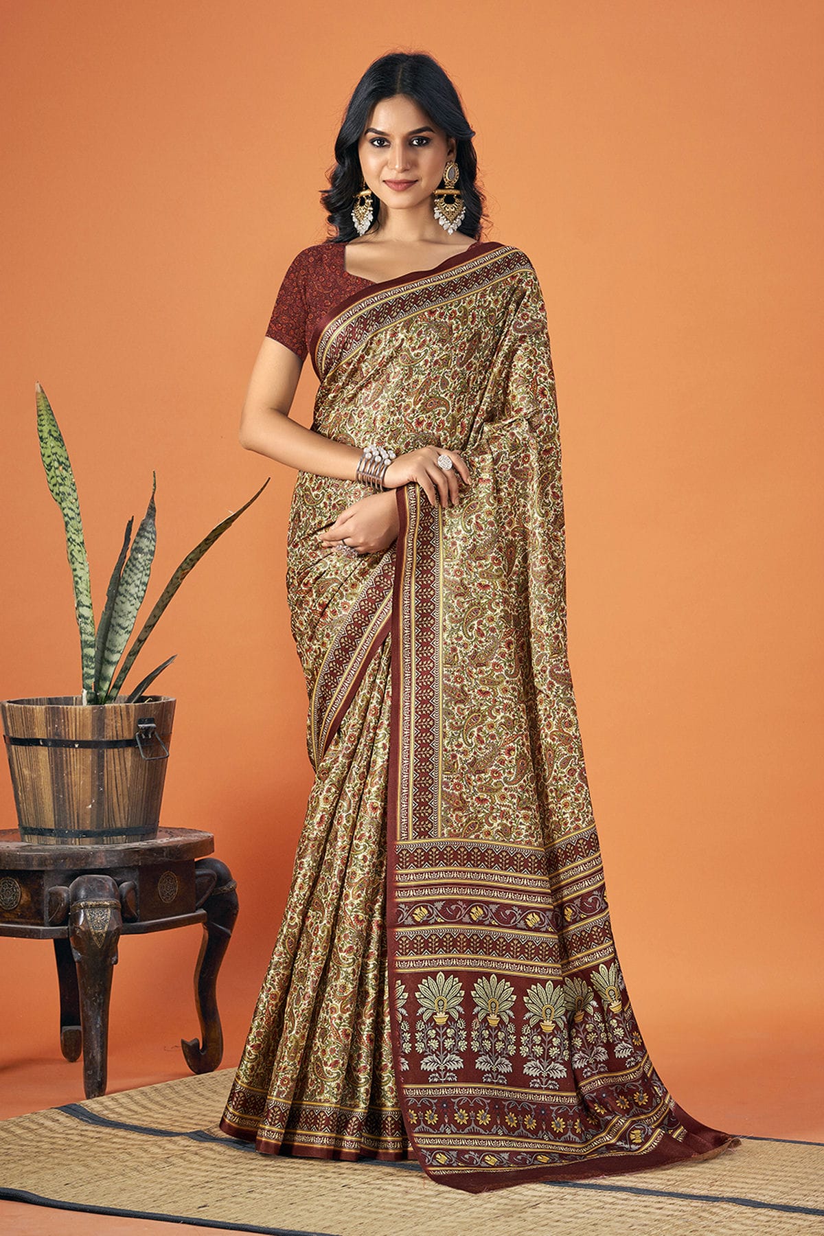 Cream Colour Woven Work Pashmina Saree