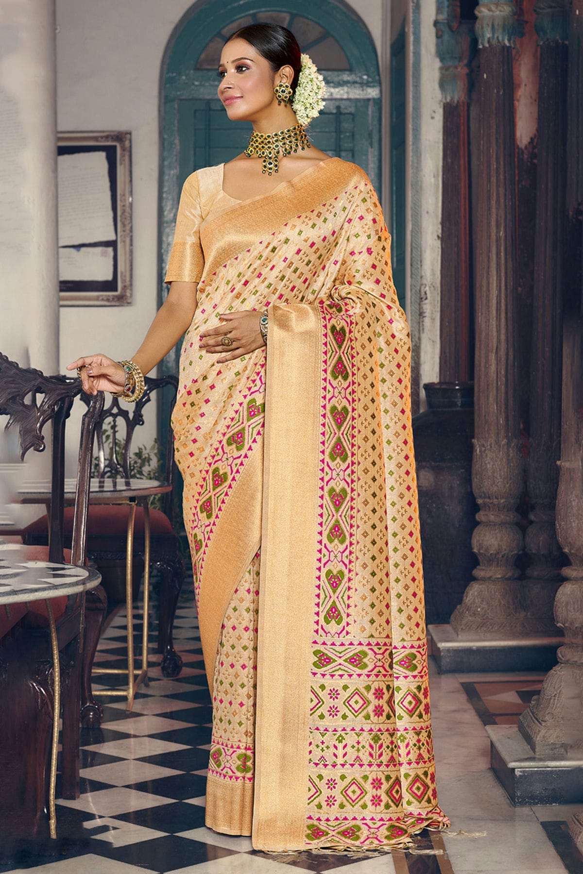 Cream Colour Woven Work Patola Silk Saree