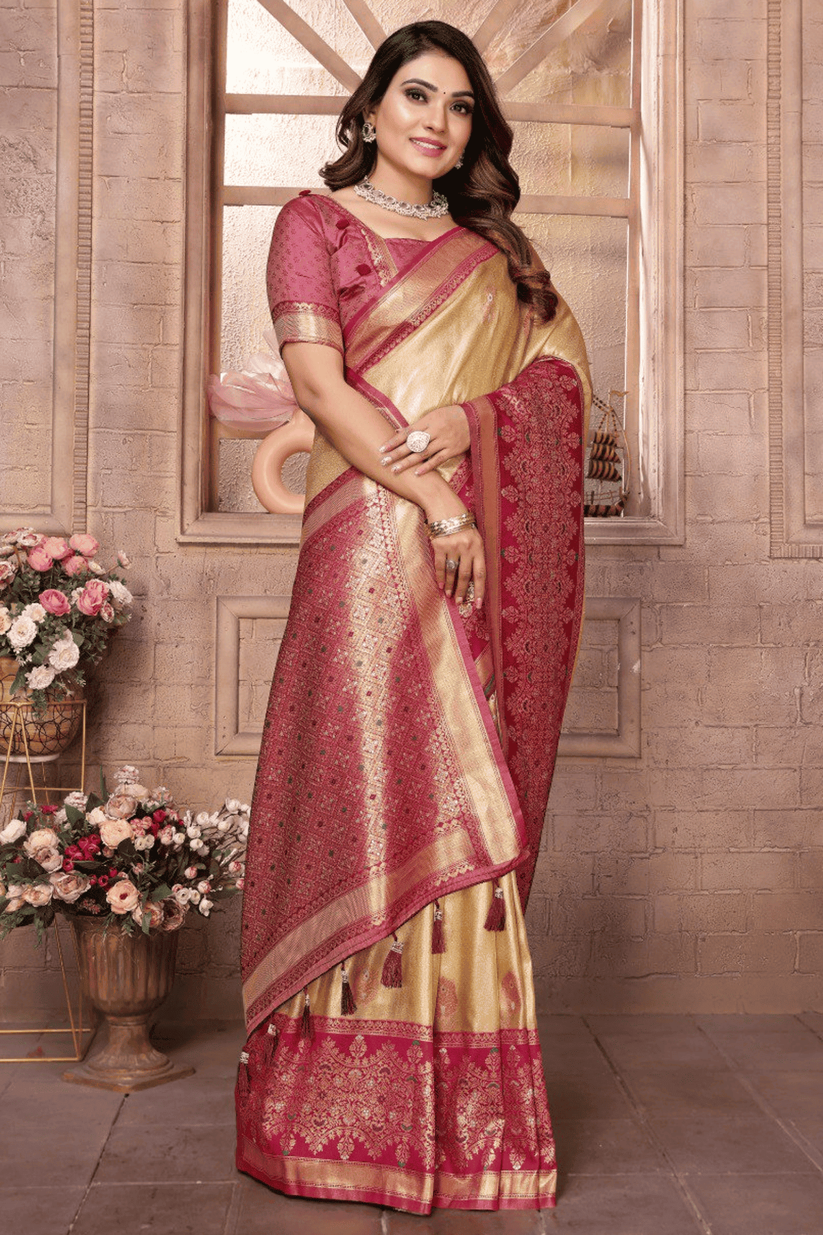 Cream Colour Woven Work Pure Banarasi Tissue Silk Traditional Saree VSSD1250285